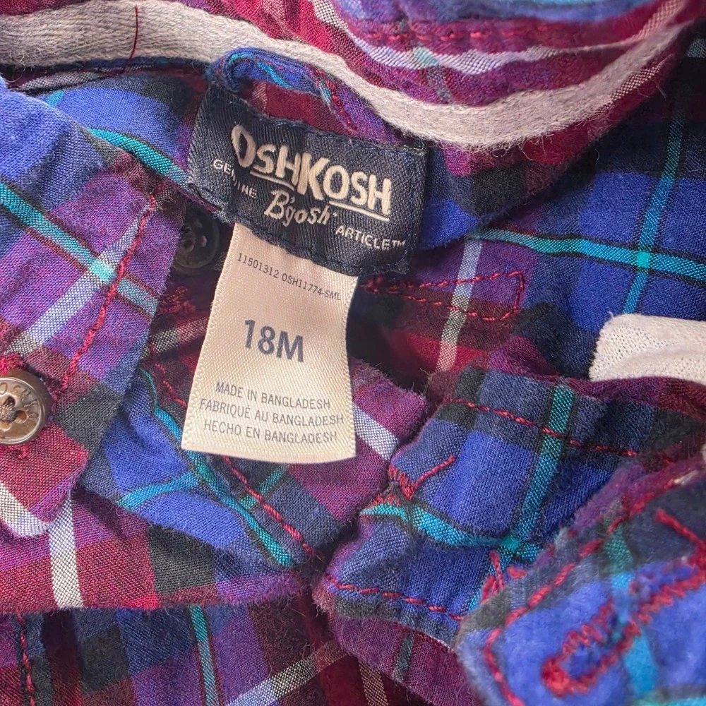 OshKosh Bgosh Baby Boy 18M Plaid Flannel Long Sleeve Shirt Bodysuit Purple Blue